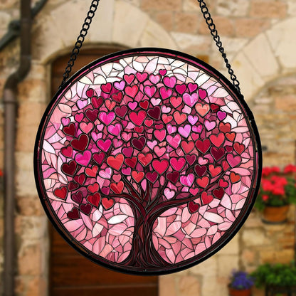 Stained Glass Window Hanging - DASTOLL, Birthday Gifts for Women Men Mom Dad, Pink Love Tree