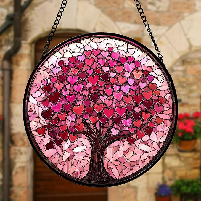 Stained Glass Window Hanging, Pink Love Tree of Life Sun Catchers Colorful Glass Panel Suncatcher