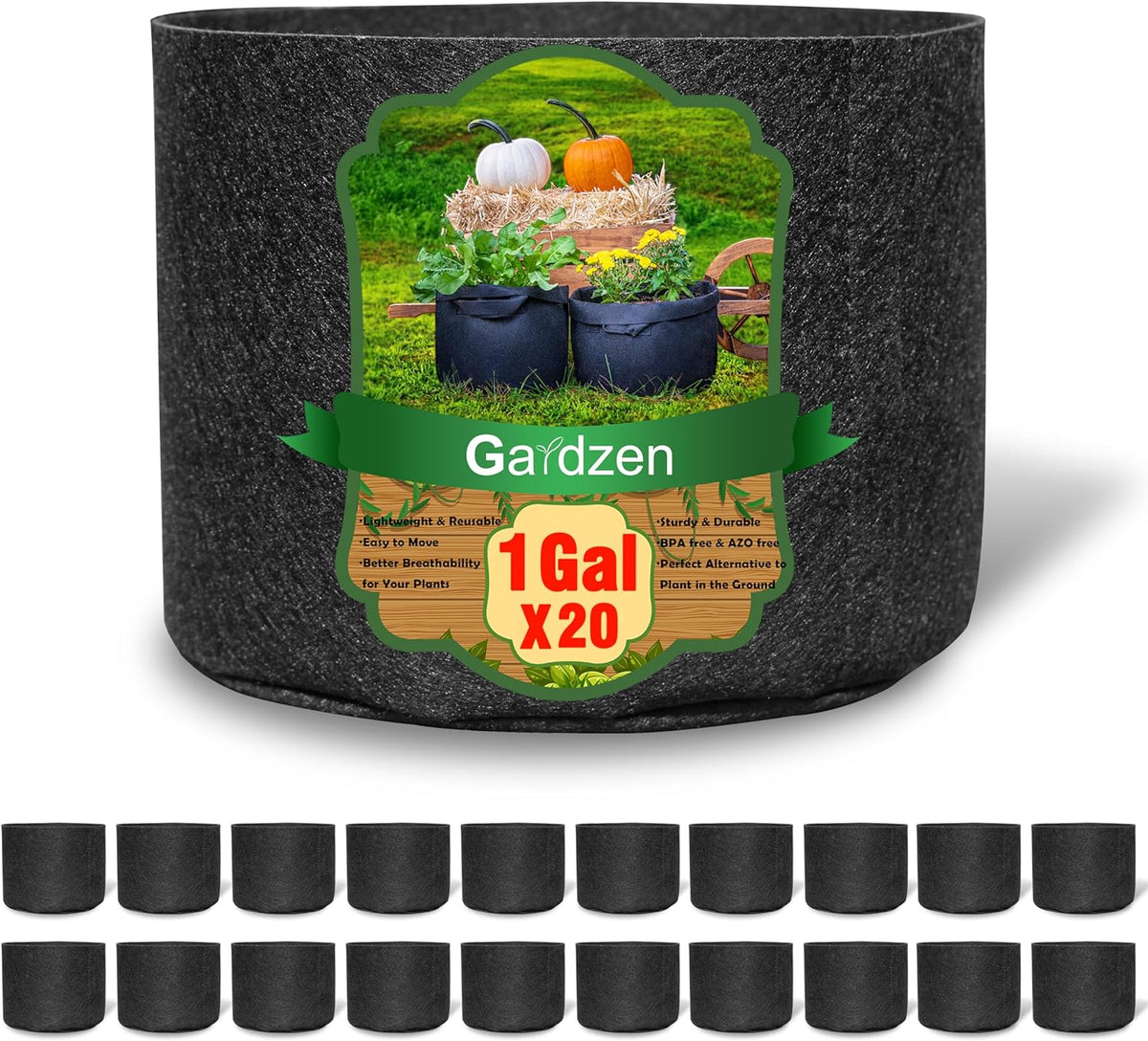 Gardzen 20-Pack 1 Gallon Nonwoven Grow Bags, Aeration Fabric Pots