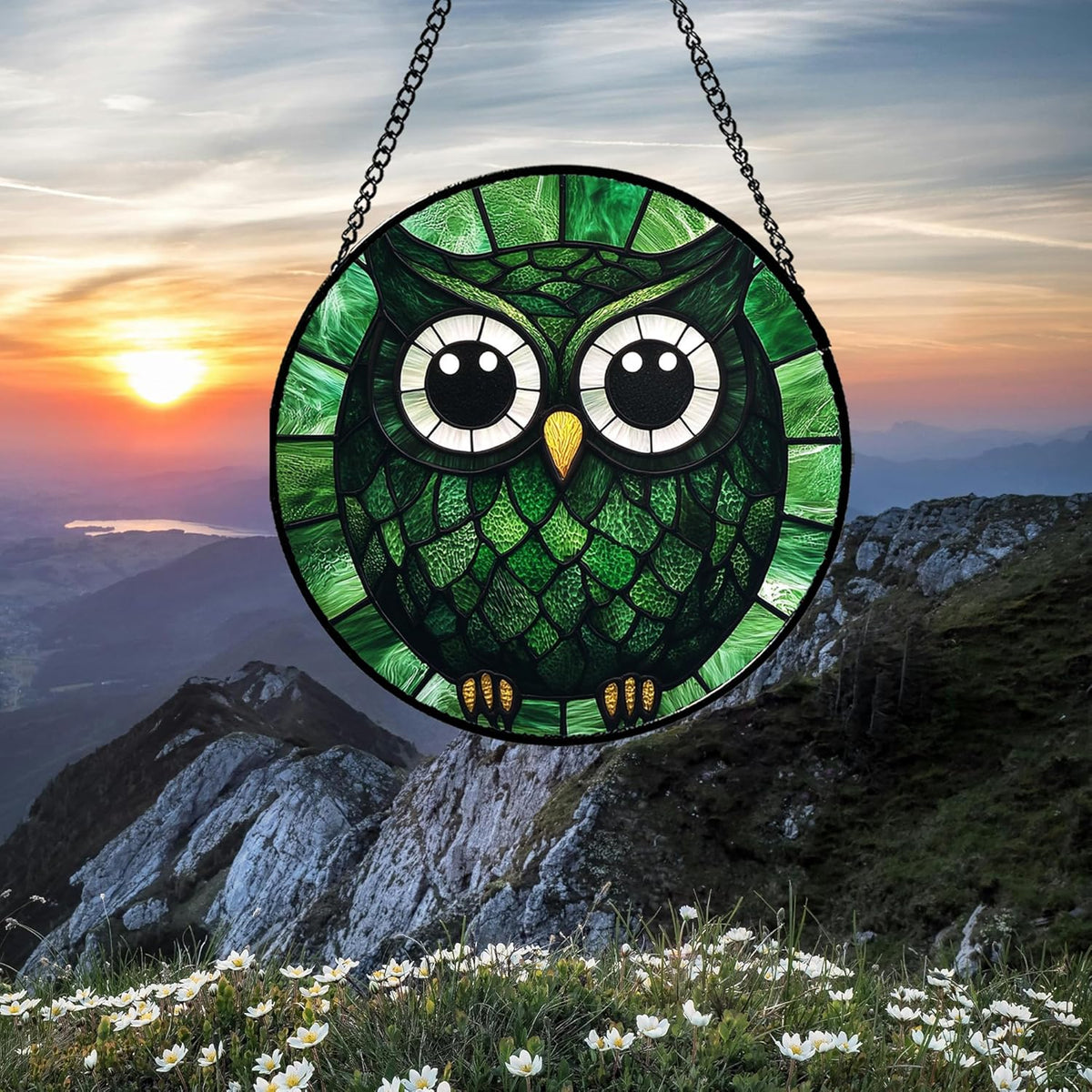 Stained Glass Window Hanging - Green Owl Suncatcher for Doors Garden Patio Funny Bird Sun Catchers