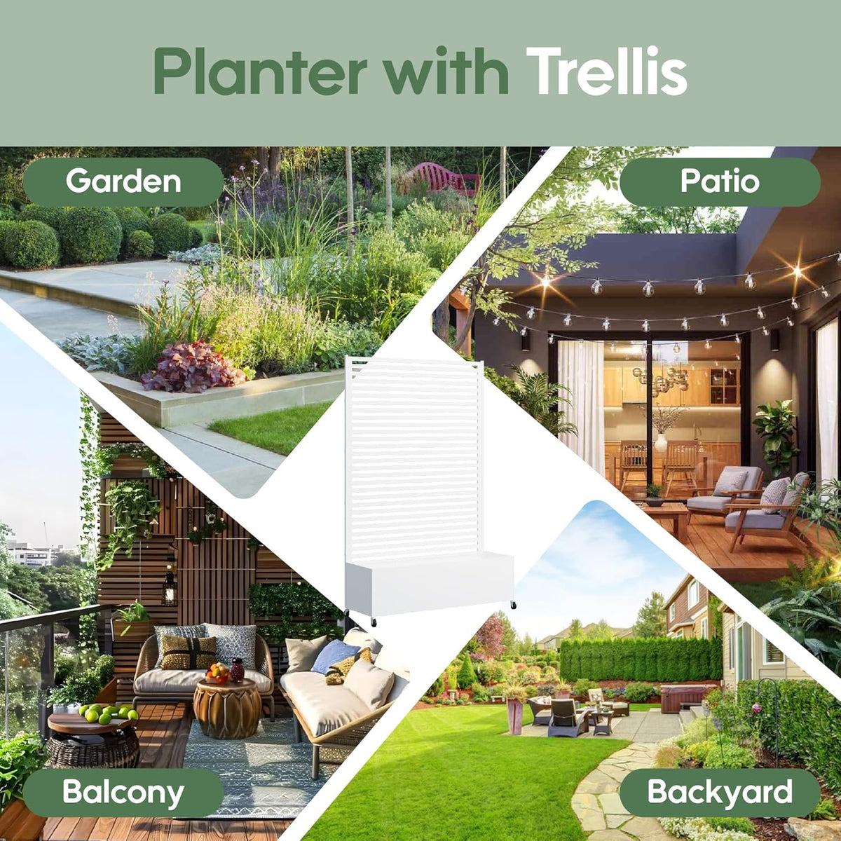 Metal Planter Box with Trellis Privacy Screen, Raised Garden Bed with Trellis & Wheels, Privacy