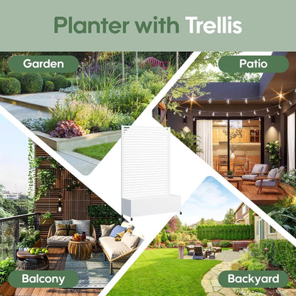 Metal Planter Box with Trellis Privacy Screen, Raised Garden Bed with Trellis & Wheels, Privacy