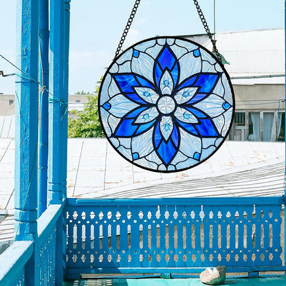 Stained Glass Window Hanging, Blue Tiffany Style Flowers Sun Catcher for Window Door Home Decor