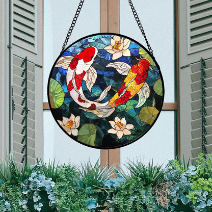 Stained Glass Window Hanging, Koi and Lotus Sun Catcher for Door Home Decor Fish Suncatcher