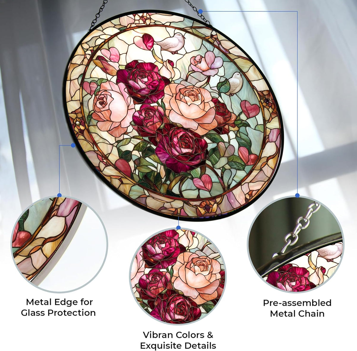 Valentine Blooming Roses Stained Glass Window Hanging by Clare Donovan, Suncatcher for Women