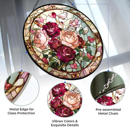 Valentine Blooming Roses Stained Glass Sun Catcher, Wall Hanging Colored Decor Room Indoor Window