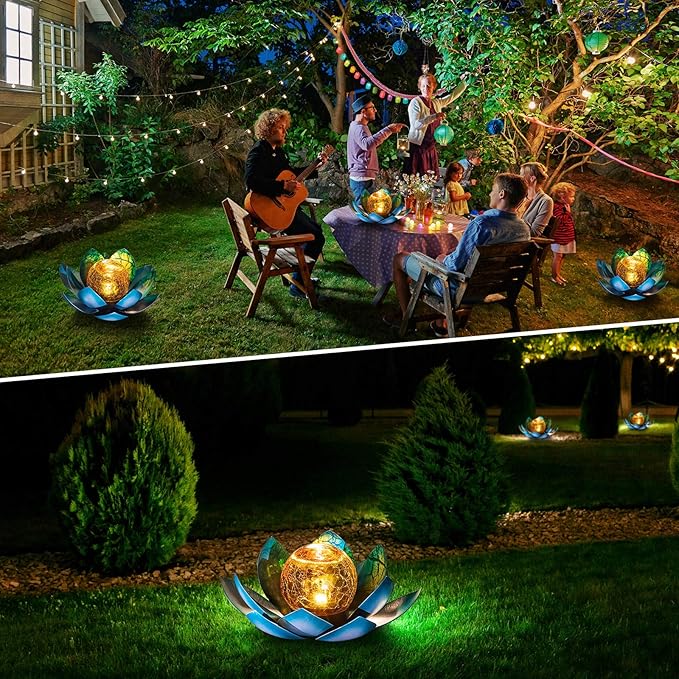 Huaxu Solar Light Outdoor Garden Decor Blue Metal Crackle Globe Glass Waterproof LED Lotus Flower