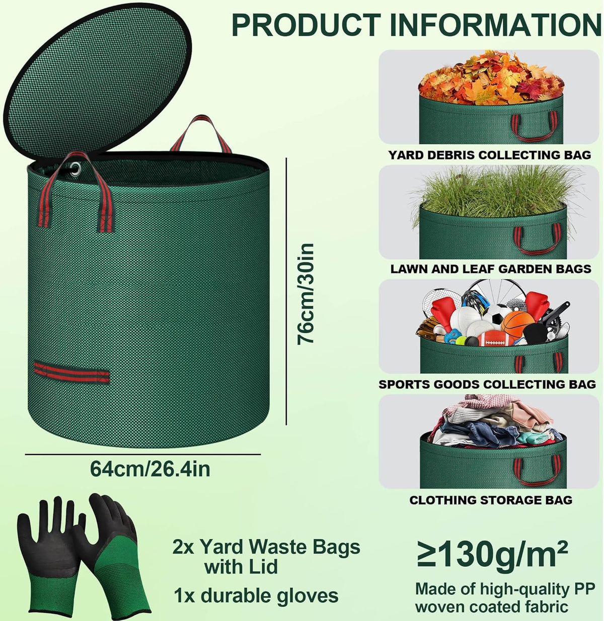 Reusable Yard Waste Bags with Lid, 2 Pack 72 Gallon Lawn and Leaf Garden Bags Heavy Duty with 4