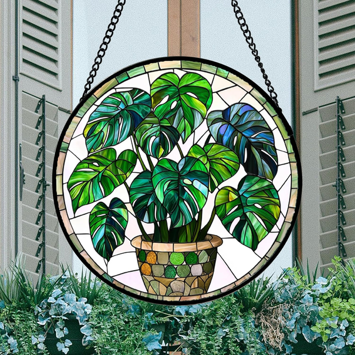 Stained Glass Window Hanging, Green Plant Monstera t Suncatcher Diamond Colorful Glass Panel Sun
