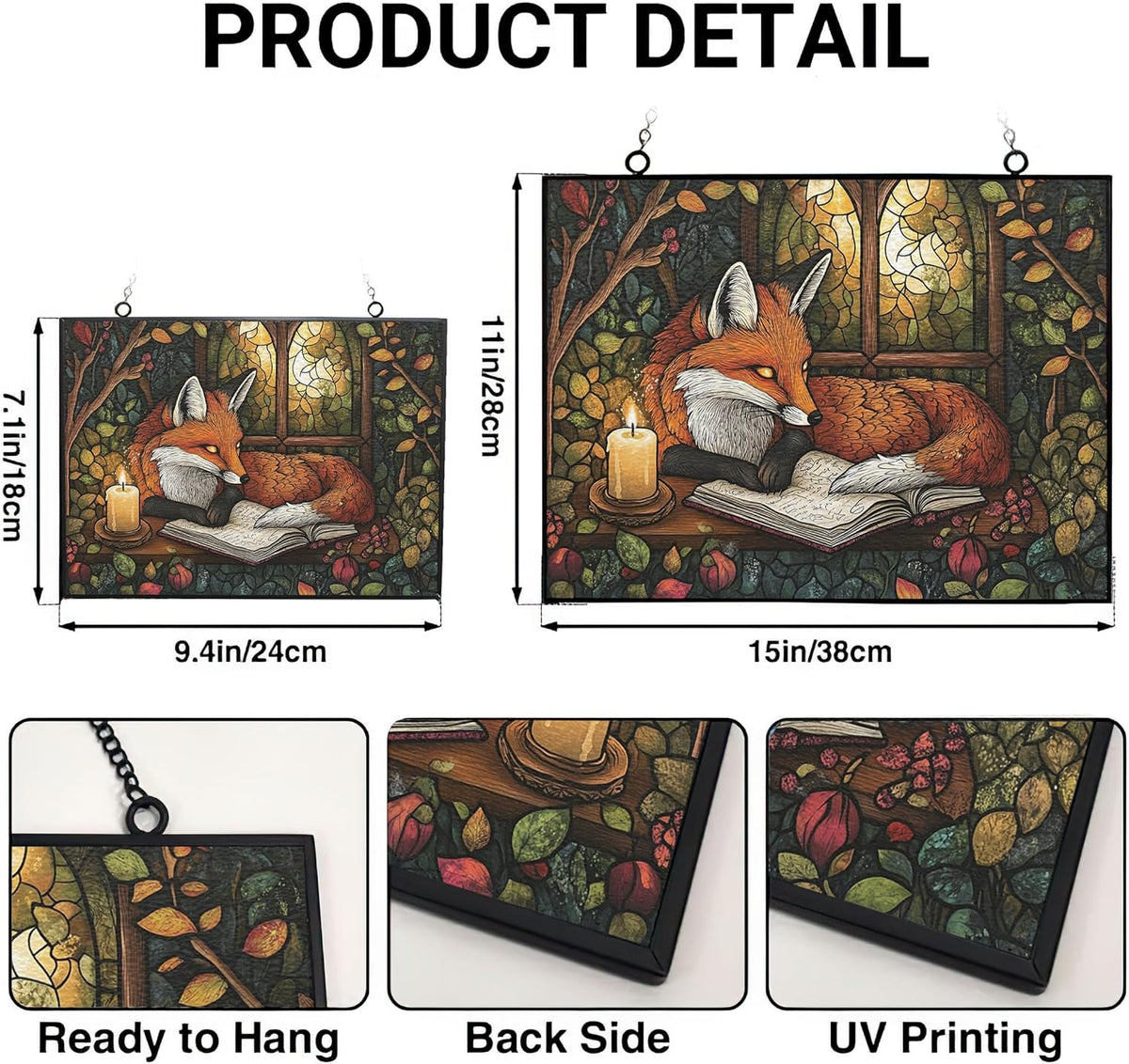 Personalized Rectangle Boho Fox Journaling in Forest Stained Glass Window Hanging, Stained Glass