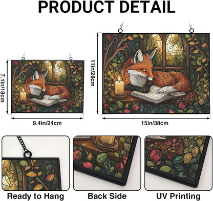 Personalized Rectangle Boho Fox Journaling in Forest Stained Glass Window Hanging, Stained Glass