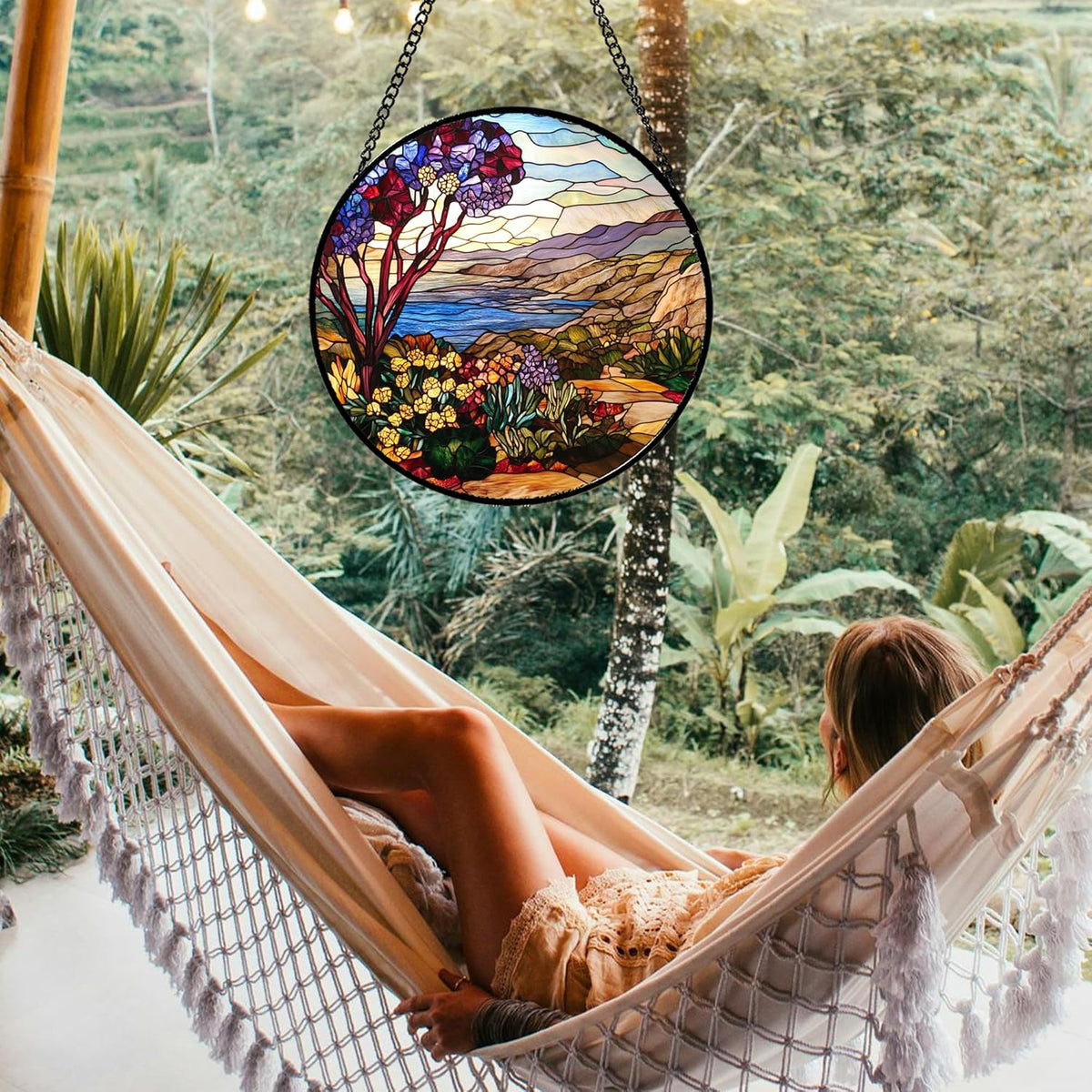 Stained Glass Window Hanging Retro Wildflowers Lake Mountain Scenery 9.8" - Suncatcher Door Garden
