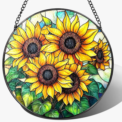 Stained Glass Window Hanging, 8 Inch Sunflower Stained Glass Suncatcher, Suncatchers for Windows