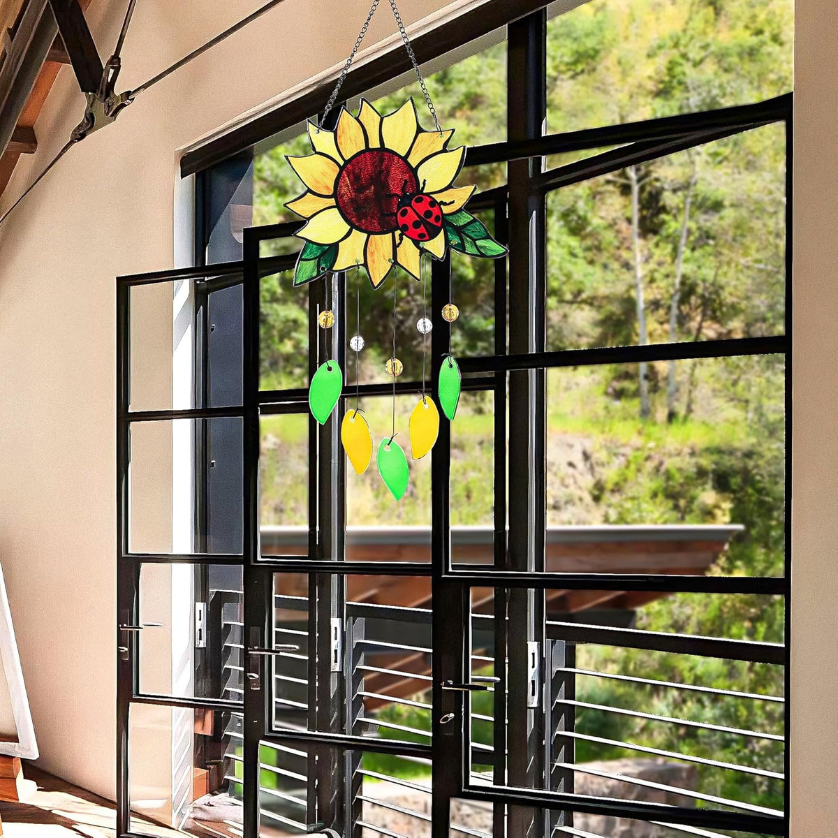 Stained Glass Suncatcher, Sunflower and Ladybug Window Hanging, 20 x 8 inches, Hand-Painted (Style