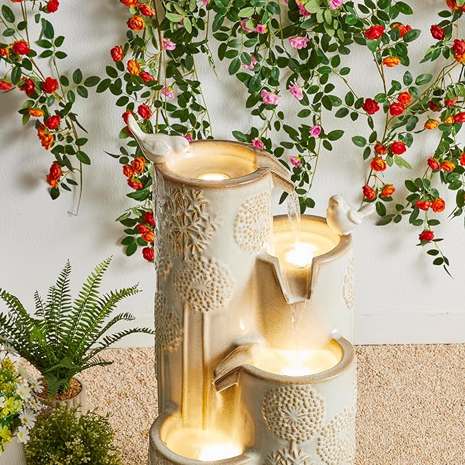 Glitzhome 31.75" H Outdoor Water Fountain with LED Lights and Pump, 4 Tier Dandelion Texture Vase