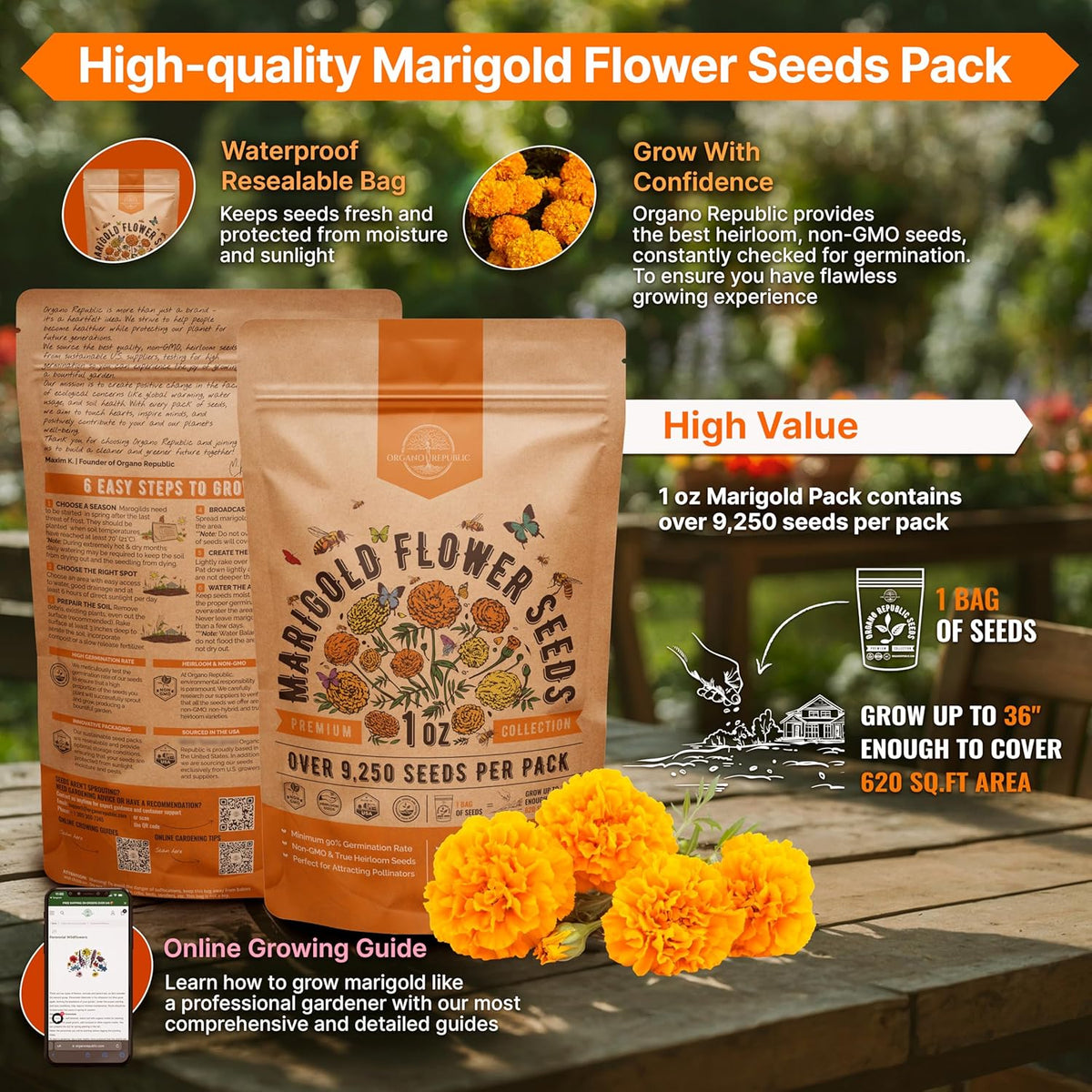 Marigold Seeds Pack 1 oz - Over 9,250 Non-GMO Heirloom Marigold Seeds for Planting Indoor & Outdoor