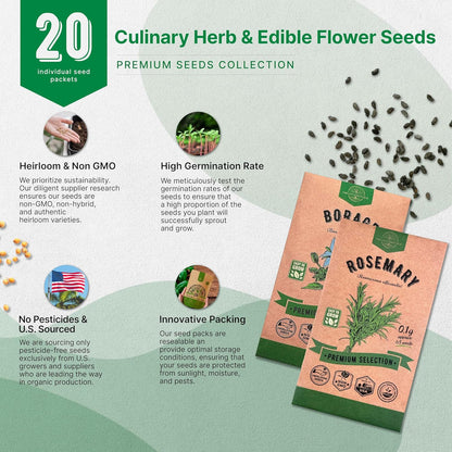 20 Culinary Herbs & Edible Flower Seed Variety Pack for Planting Indoor & Outdoors. 9500+ Non-GMO