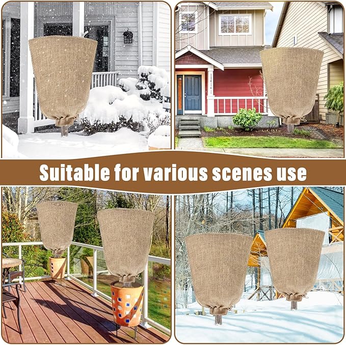 Riare 4 Packs 40 × 47 Inch Burlap Winter Plant Cover Bags with Drawstring- Reusable Large Burlap