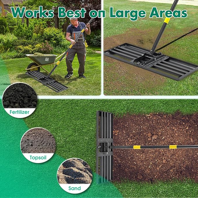 Lawn Leveling Rake,Folding 30x10 Inch Ground Plate,56 Inch Adjustable Long Handle Yard Level Tool
