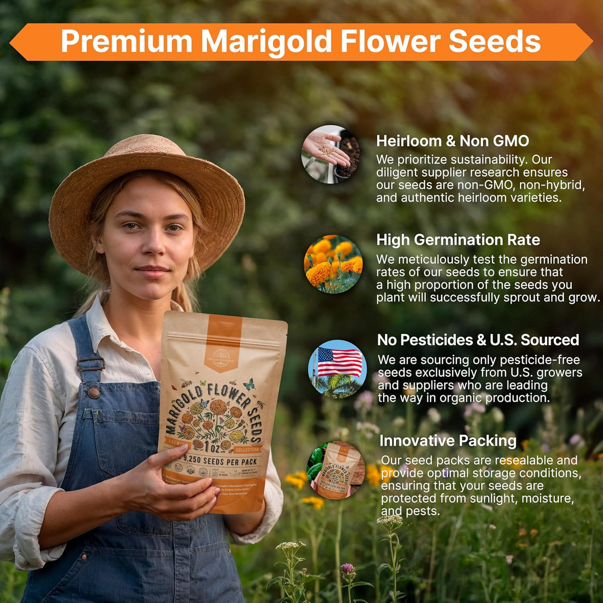Marigold Seeds Pack 1 oz - Over 9,250 Non-GMO Heirloom Marigold Seeds for Planting Indoor & Outdoor
