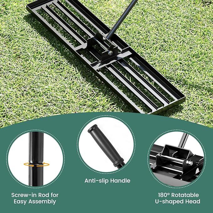 Goplus Lawn Leveling Rake, 42" x 10" Heavy Duty Level Lawn Tool w/ Ergonomic Handle for Soil