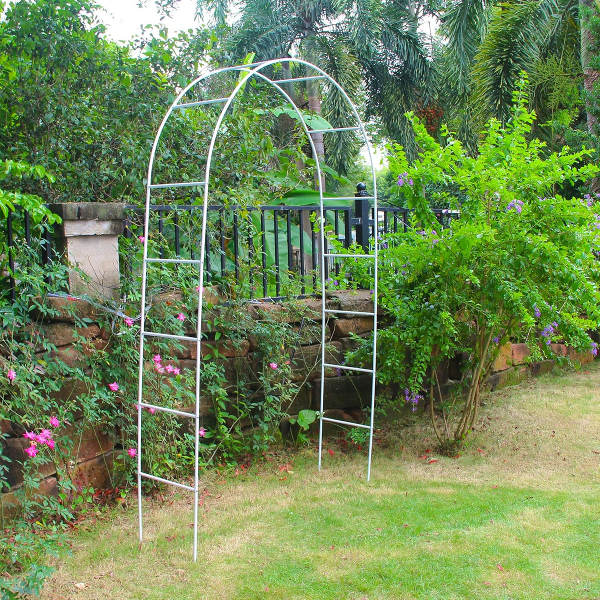 White Iron Pergola Arbor Practical, 7.9 Feet High x 4.6 Feet Wide, Assemble Easily for Various