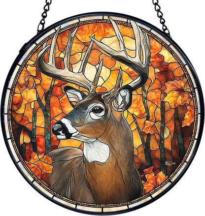 TNUW Fall Deer Stained Glass Window Hanging, Rustic Autumn Forest Wildlife Deer Sun Catchers Indoor