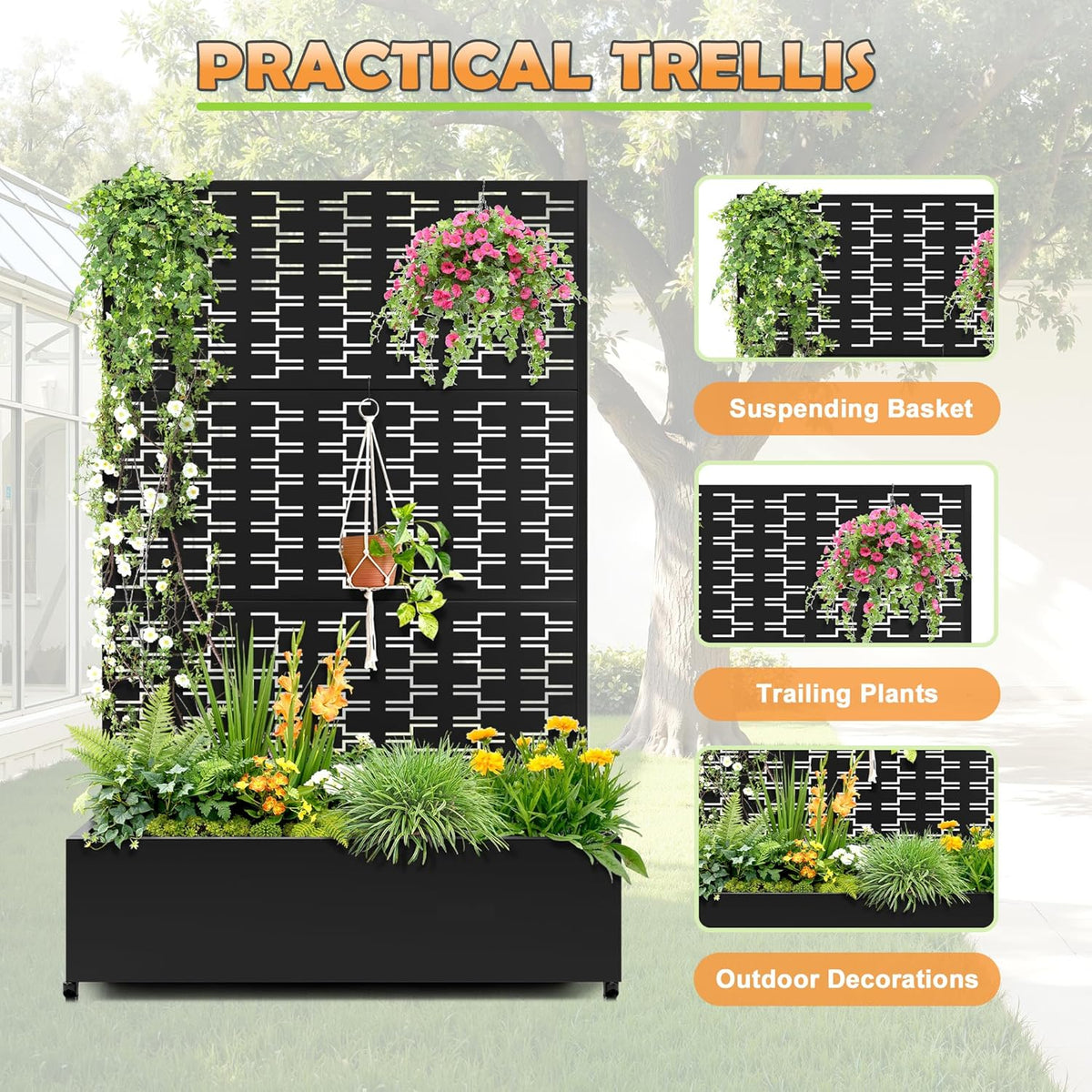 Metal Raised Garden Bed with Trellis, 2-in-1 Planter Box & Privacy Screen for Climbing Plants