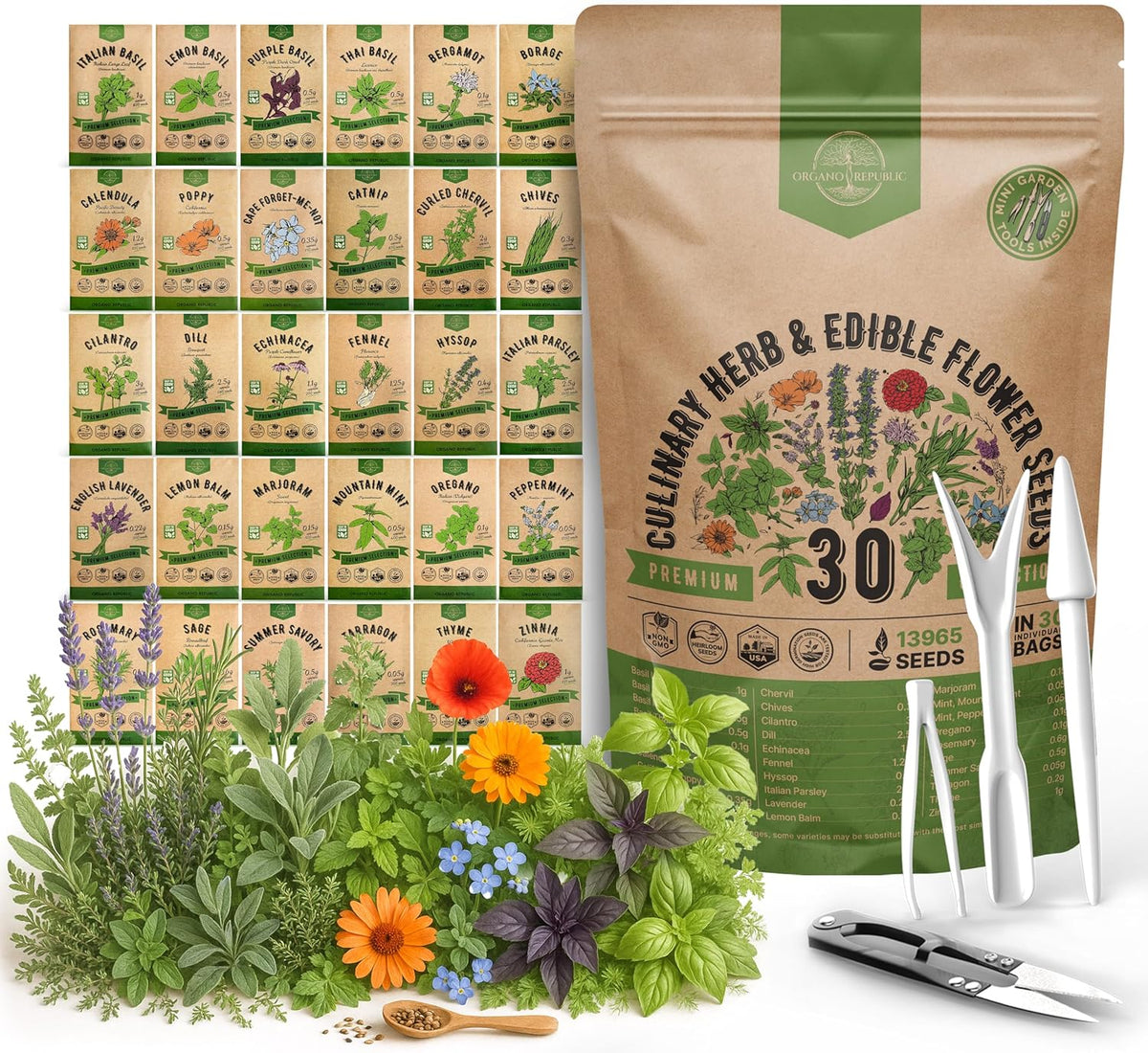 Organo Republic 30 Culinary Herbs & Edible Flower Seed Variety Pack- Indoor/Outdoor. 14000+ Non-GMO