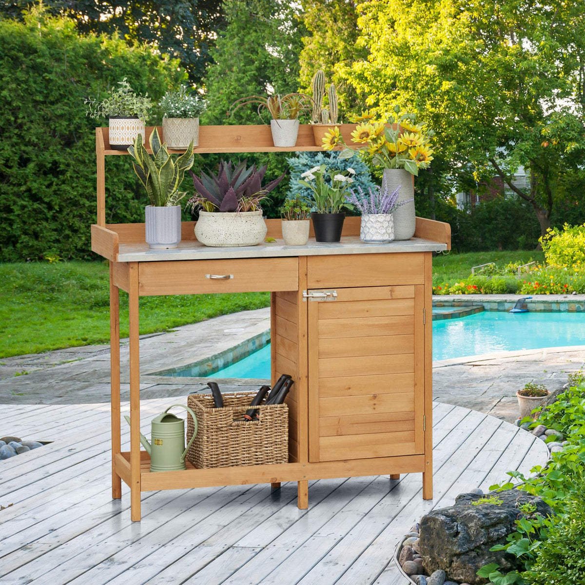Yaheetech Potting Bench Outdoor Potting Table with Storage,Natural Wood