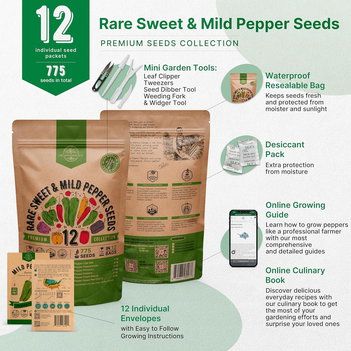 Organo Republic 12 Rare Sweet & Mild Pepper Seeds Variety Pack - 770+ Non-GMO Heirloom Pepper Seeds