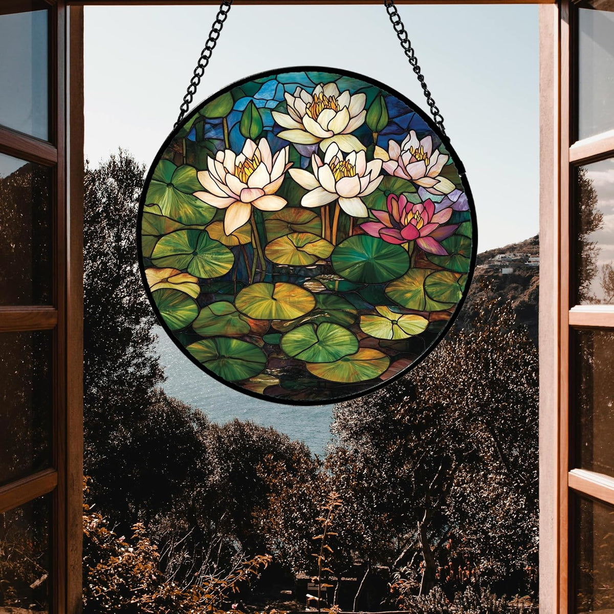 Stained Glass Window Hanging - Water Lily Birth Flower Suncatcher for Door Garden Retro Floral Sun