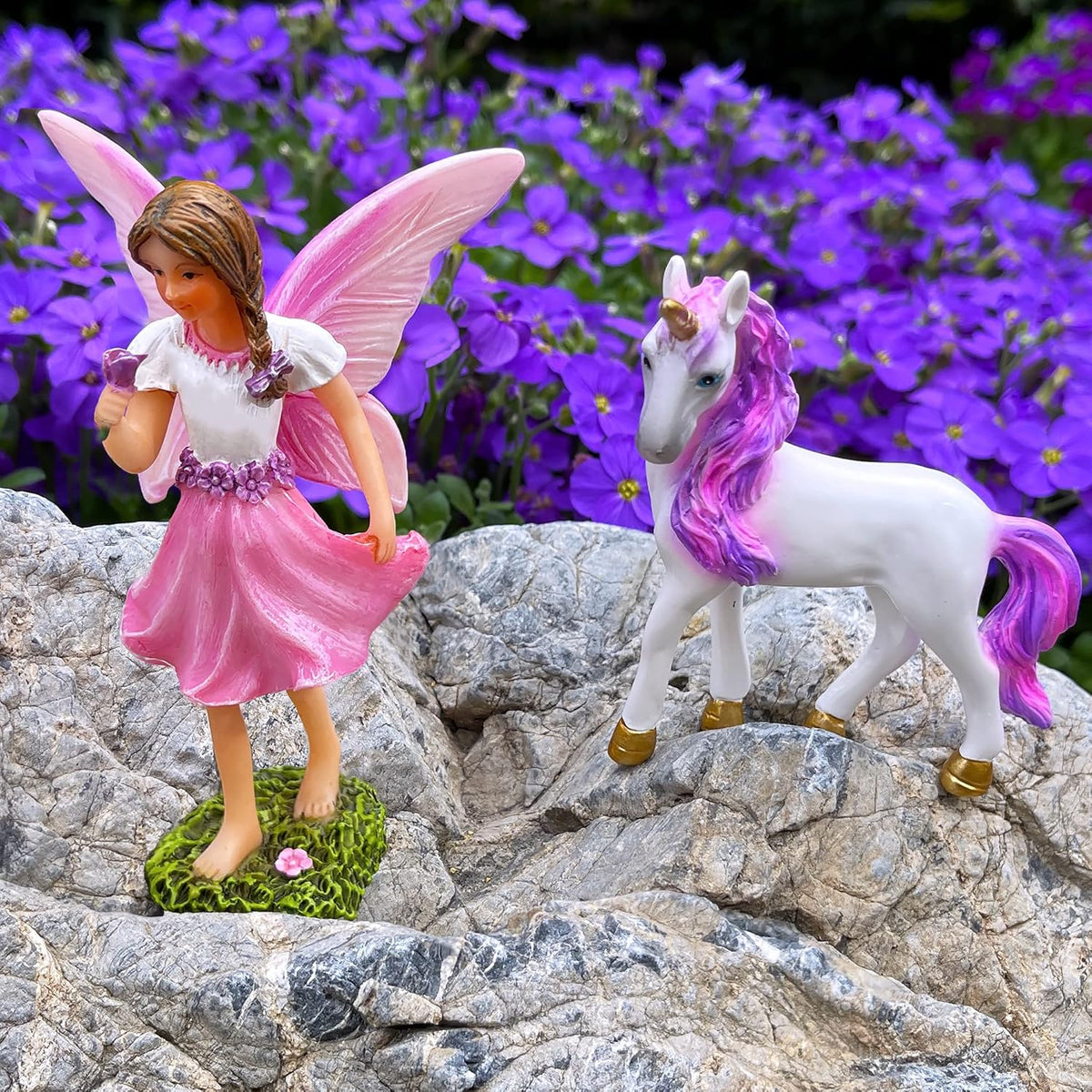 Mood Lab Fairy Garden - Fairy with Unicorn Set of 2 pcs - Miniature Figurines Statue Kit - Outdoor