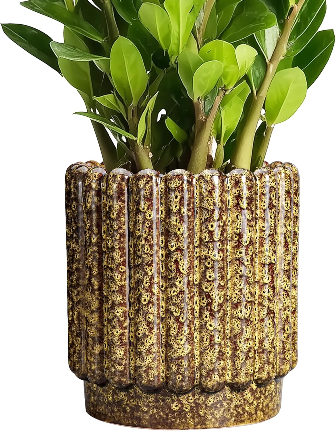 Ceramic Planter - 7.6 Inch Ceramic Plant Pots Indoor, Round Flower Pots with Drainage Hole, Fluted