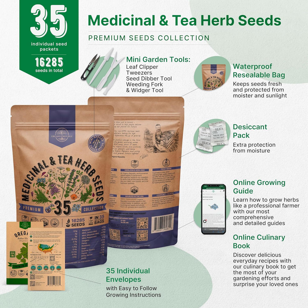 35 Medicinal & Tea Herb Seeds Variety Pack for Indoor & Outdoors. 16,335+ Non-GMO Heirloom Garden