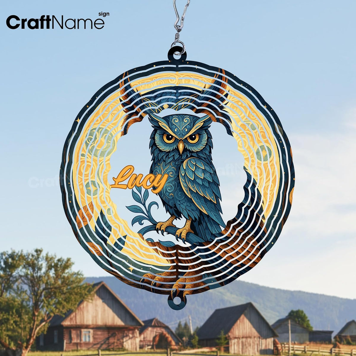 Personalized Owl Wind Spinner 3D Stainless Steel, Owl Garden Spinner Hanging Outdoor Decor, Wind