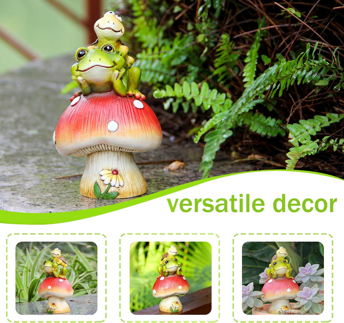 Leekung Turtle Riding Frog Sitting On Mushroom for Garden Decor, Frog Statue&Mushroom Figurines for