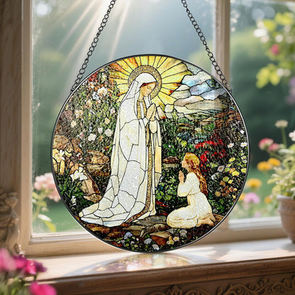 8 Inch Lady of Lourdes Stained Glass Suncatcher, Stained Glass Window Hanging, Virgin Mary
