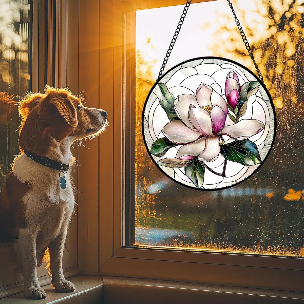 Stained Glass Window Hanging - Pink Magnolia Flower Petal Suncatcher for Doors Window Home Sun