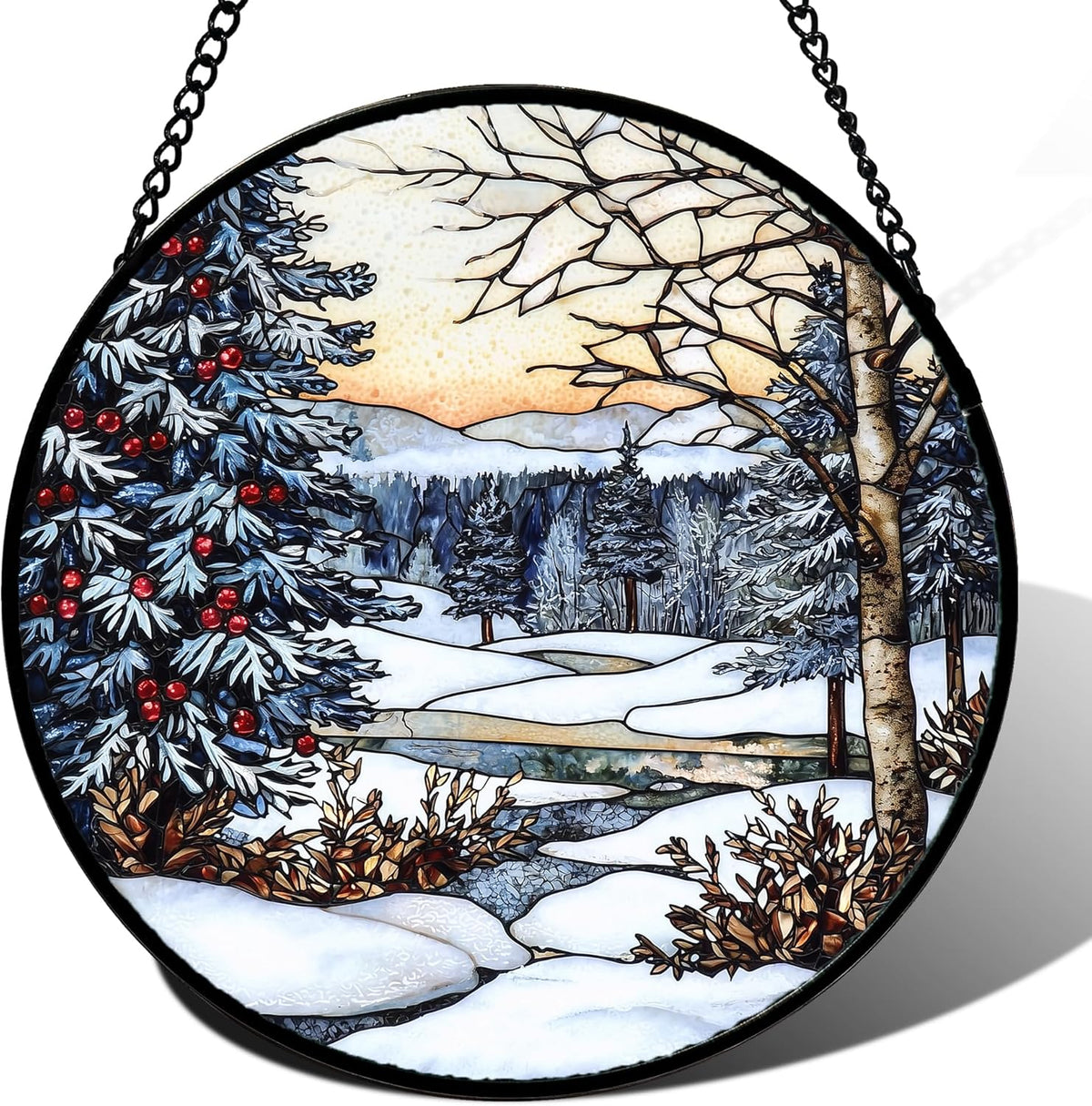Stained Glass Window Hanging, Winter Snow Landscape Suncatcher Diamond Glass Panel Sun Catchers
