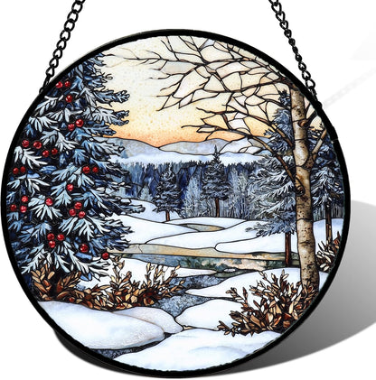 Stained Glass Window Hanging, Winter Snow Landscape Suncatcher Diamond Glass Panel Sun Catchers