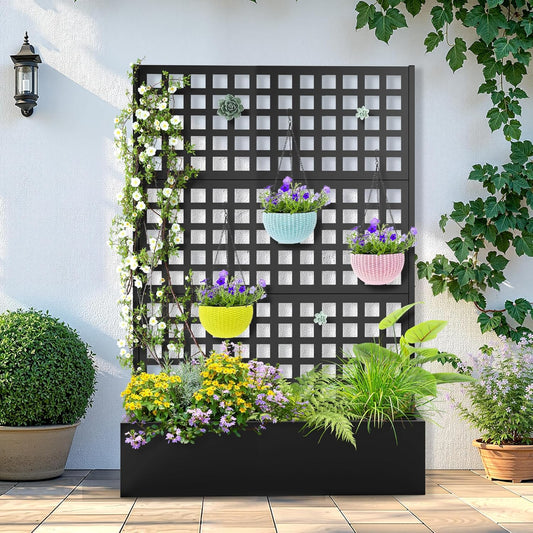 Metal Raised Garden Bed with Trellis, 2 in 1 Trellis with Planter Box & Privacy Screen for Climbing