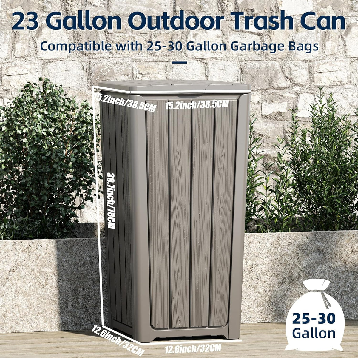 Outdoor Trash Can 23 Gallon Garbage Can with Lid Waterproof Resin Garbage Patio Waste Bin for