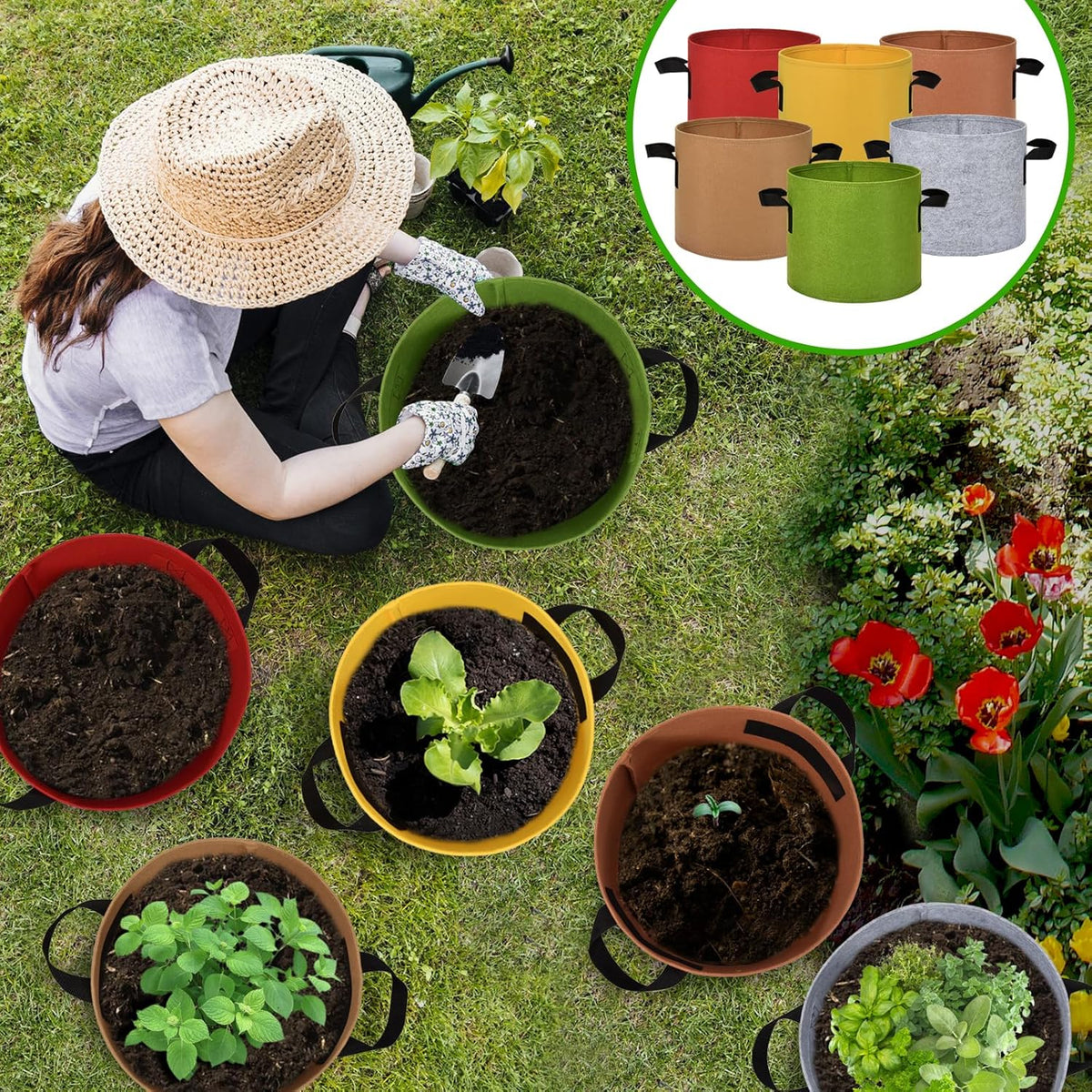 6-Pack Fabric Grow Bags 5 Gallon – Colorful 300G Thickened Nonwoven Planter Pots with Sturdy