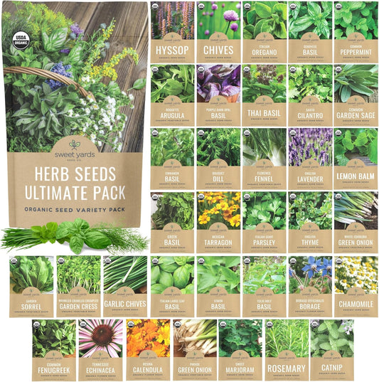 Organic Herb Seeds Variety Pack - 35 Individual Packs - 2025 Season - Basil, Cilantro, Dill, Thyme