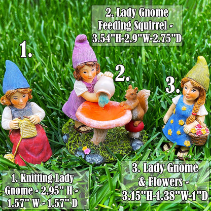 Mood Lab Miniature Garden Gnomes - Lady Gnomes Kit of 3 pcs - Figurines & Accessories Set - Outdoor