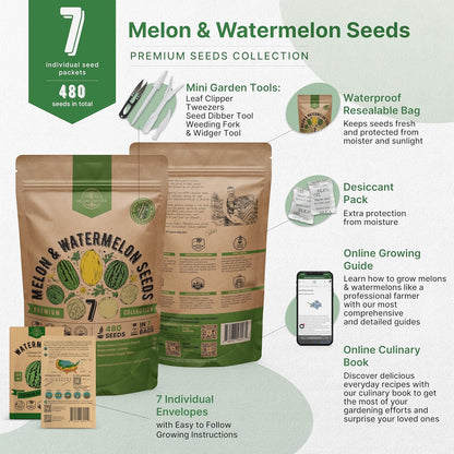 Organo Republic 7 Melon & Watermelon Seeds Variety Pack 480+ Non-GMO Heirloom Fruit Seeds for