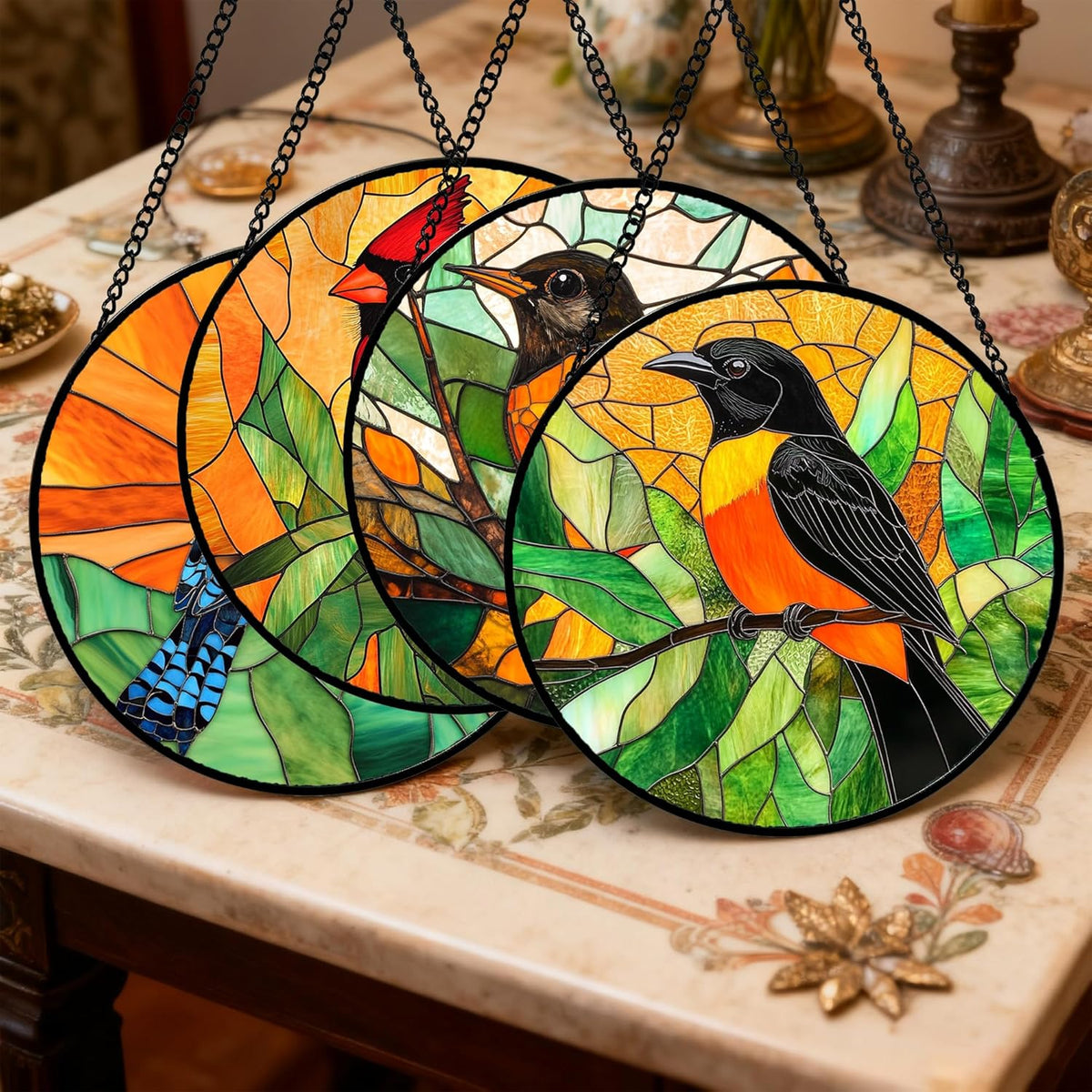 Stained Glass Window Hanging 4 Pcs Set Birds Large 15" - Cardinal Blue Jay Suncatcher Door Garden