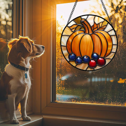 Stained Glass Window Hanging Fall Pumpkin Berries Large 15" - Suncatcher Door Garden Kitchen