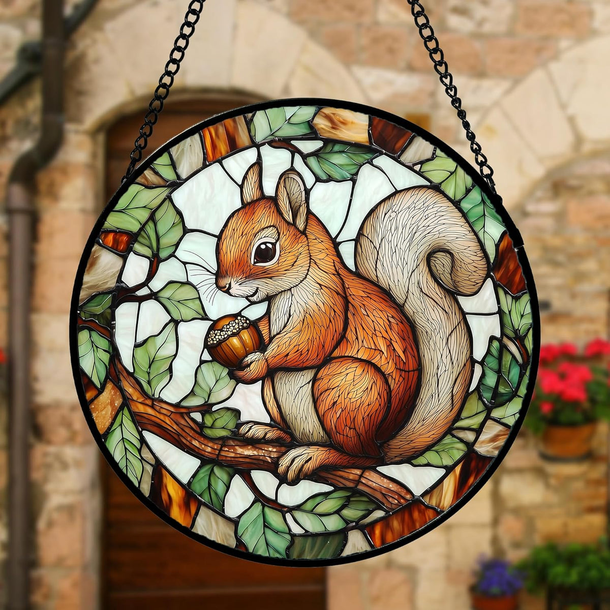 Stained Glass Window Hanging, Squirrel on a Branch Suncatcher Diamond Glass Panel Animal Sun